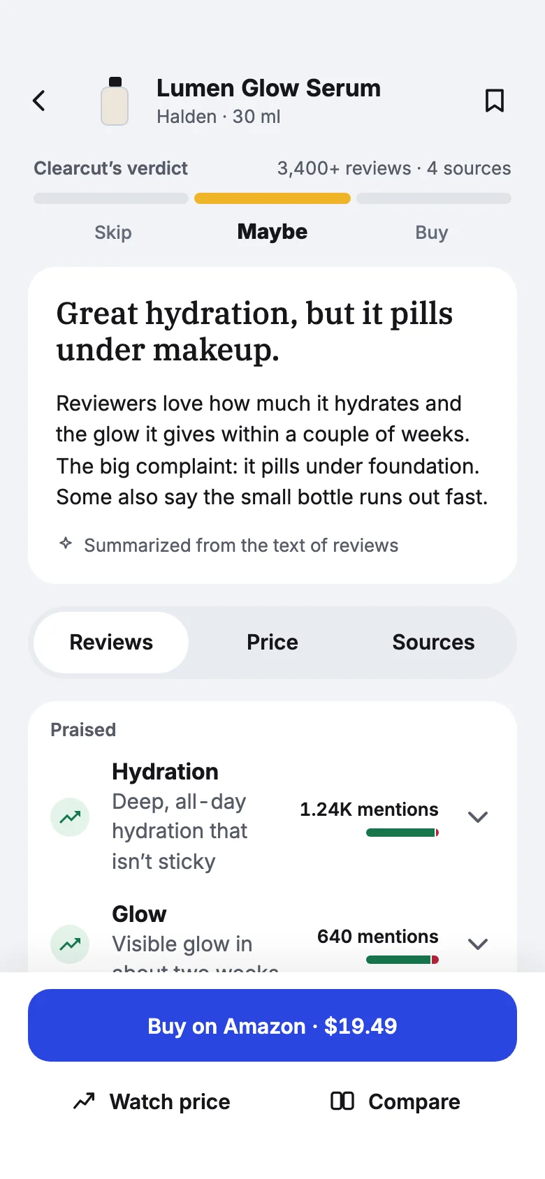 The Clearcut app: the Breakdown of a serum, with its verdict and what reviewers praise